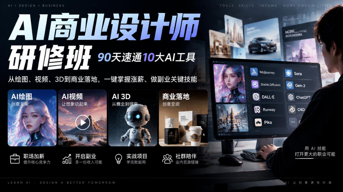 AI商业设计师研修班，90天速通10大AI工具，从绘图、视频、3D到商业落地，一键掌握涨薪、做副业关键技能 - 严选资源大全