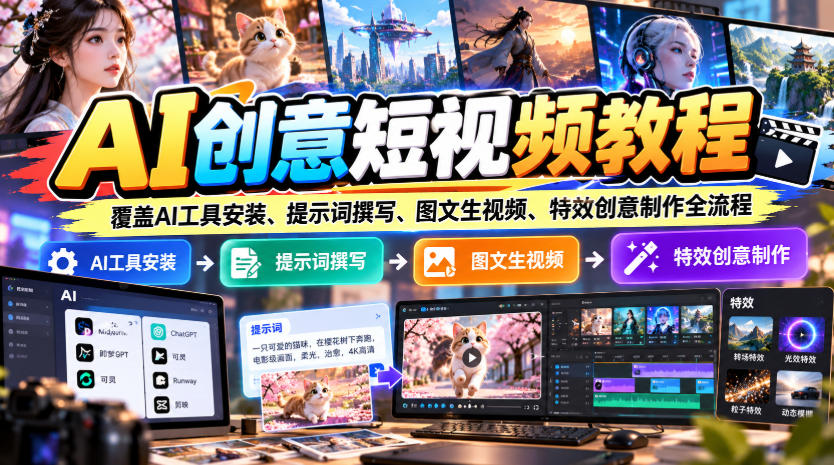AI创意短视频教程，覆盖AI工具安装、提示词撰写、图文生视频、特效创意制作全流程 - 严选资源大全