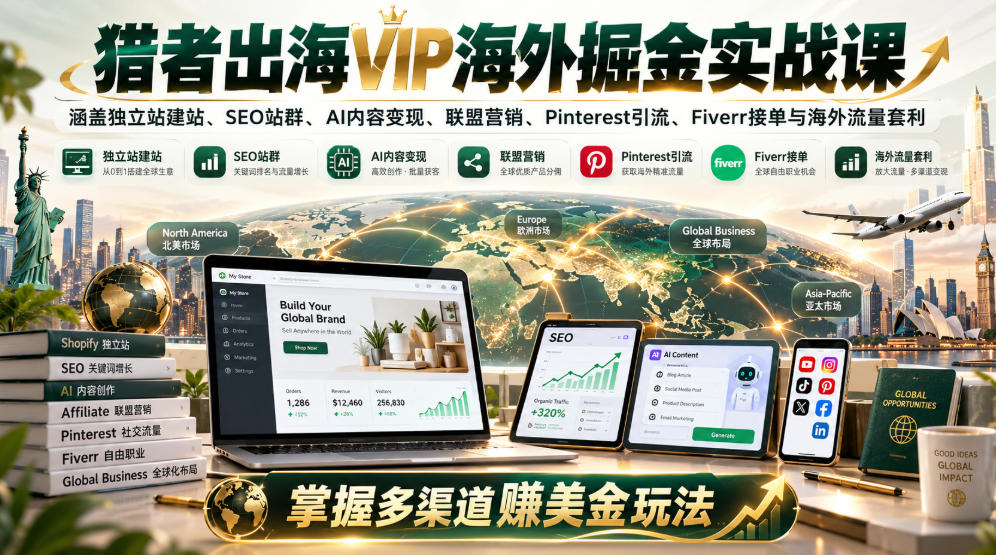 猎者出海VIP海外掘金实战课：涵盖独立站、SEO站群、AI变现、联盟营销、Pinterest引流、Fiverr接单与海外流量套利，掌握多渠道賺美金玩法 - 严选资源大全