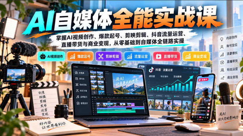 【无水印】AI自媒体全能实战课，掌握AI视频创作、爆款起号、剪映剪辑、抖音流量运营、直播带货与商业变现，从零基础到自媒体全链路实操 - 严选资源大全